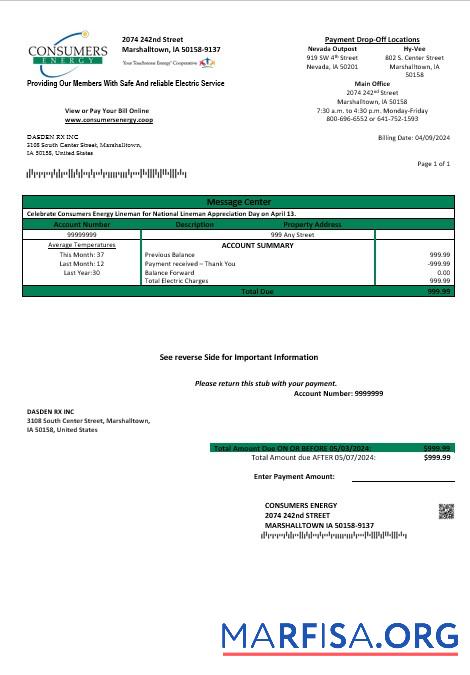 Downloadable USA Iowa Consumers Energy business utility bill template in Word and PDF formats